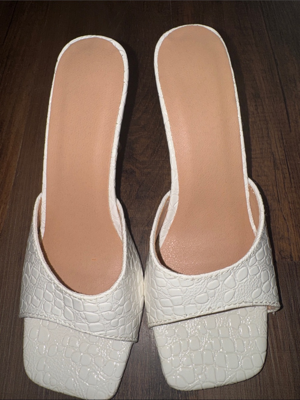 White Croc-Embossed Slide Heels